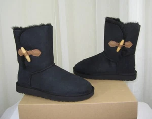 NIB UGG Keely Toggle Suede/Genuine Sheepskin Boot US 9/40 Black/wool sock lining - Picture 1 of 12