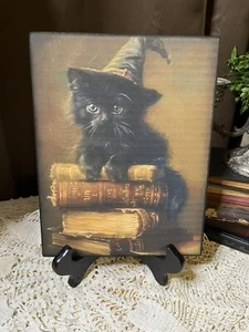 Witchy Black Cat,  Books,  Halloween, Handcrafted Canvas Board  Sign - Picture 1 of 3