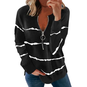 Women Crew Neck Zipper Tops Long Sleeve Print Autumn Shirt Loose Casual Pullover - Picture 1 of 8