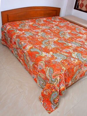 Indian Kantha Handmade Bedspread Quilt Hand Block Print King Size Orange colour - Image 1 of 3