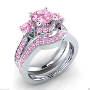 3.34 Carat Round Cut Pink Sapphire Simulated Diamond Bridal Engagement Ring Sets