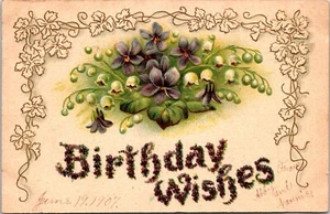 Cartolina d'epoca auguri compleanno fioriti violette e gigli della valle fiori - Foto 1 di 2