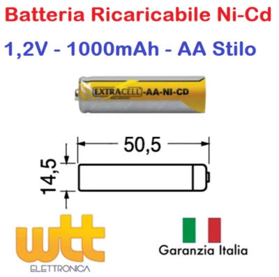 EXTRACELL Batteria Ricaricabile NI-CD Stilo AA 1,2V 1000mAh 1A 50,5x14,5mm poli standard