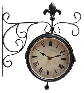 Double Faced Steel Outdoor Wall Clock & Thermometer on Hanging Bracket - Picture 1 of 2