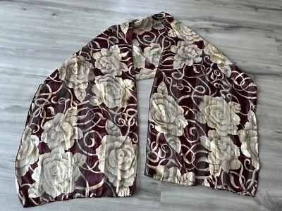 "Bufanda Silk Feel Borgoña Beige Floral Rosas Rollo Años 90 13.5"" X 59""" Foto 1 de 4
