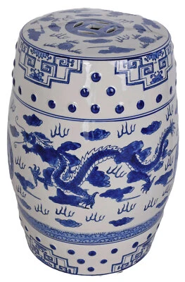 China Gartenhocker Keramik Hocker Drache Chinoiserie Sitzhocker Blau Feng Shui - Bild 1 von 4