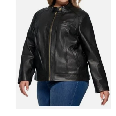 Abrigo de moto COLE HAAN Plus de cuero con cuello alto negro talla 3x talla 22w/24w nuevo con etiquetas Foto 1 de 4
