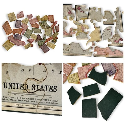 1915 Parker Brothers USA Map Jigsaw Puzzle Chipboard Faux Alligator Green Back - Image 1 of 4