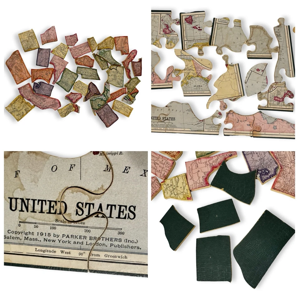 1915 Parker Brothers USA Map Jigsaw Puzzle Chipboard Faux Alligator Green Back - Image 1 of 4