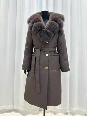 Winter Real Fox Fur Collar White Duck Down Jacket Women's Strap Parka Overcoat - Image 1 of 4