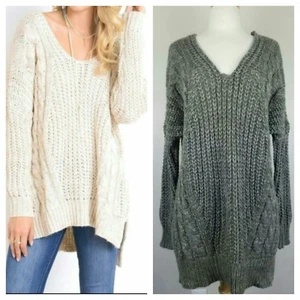 Wishlist Damen Boho grün grau Grobstrick locker lang gekreuzter Rücken Pullover Gr. S/M - Bild 1 von 7