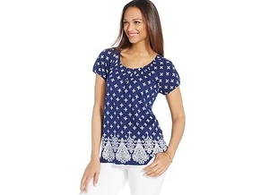 NWT Karen Scott Stylist Navy Short-Sleeve Bandana-Print Henley Top Shirt Tee XS - Bild 1 von 1