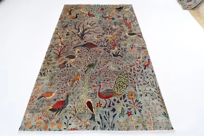 6 x 9 ft Oriental Birds Gray Area Rug Afghan Hand Knotted Veg dye Wool Rug - Image 1 of 4