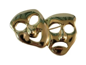 Spilla maschera commedia e tragedia vintage tono oro 2,5" - Foto 1 di 5