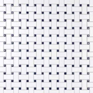 White with Cobalt Dot 11-3/4" Basketweave Porcelain Mosaic Tile Floor Backsplash - Picture 1 of 15