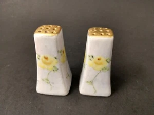 Antique Hand Painted Salt Pepper Shakers Ceramic Yellow Rose Signed Gold Gilt - Picture 1 of 8