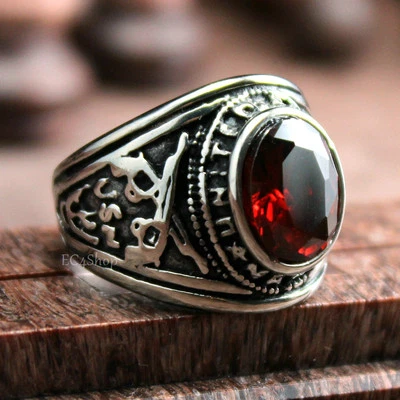 Men's Retro US United States Military Navy Red CZ Stone Ring Stainless Steel - Image 1 of 4