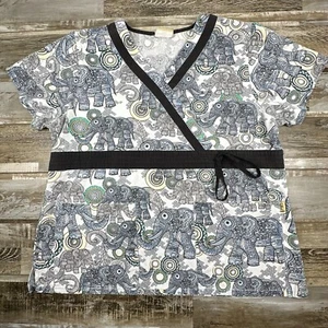 Women's Tafford Scrub Top White Gray Elephants Nurse Medical - Picture 1 of 5