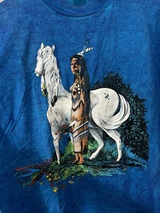 VTG Jerzees Native American Woman With Horse T Shirt Mens Tee XL Tie Dye Bright - Picture 1 of 13
