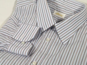 Brioni Light Blue and Brown Striped Cotton Point Collar Dress Shirt, Size 17-37 - Picture 1 of 6