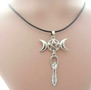 Beautiful Silver Triple Moon & Goddess pentagram Necklace Wiccan Jewelry - Picture 1 of 2