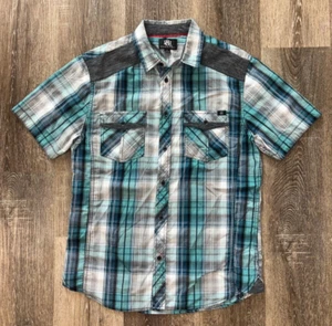 Rock & Republic Mens Sz M Medium Short Sleeve Button Shirt Blue Teal Aqua Plaid - Picture 1 of 4