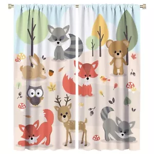 Kids Cartoon Forest Animal Curtains, Cute Woodland Animal Window Treatments f... - Picture 1 of 7