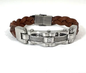 JJB090 Foss SS & braun geflochtenes Lederarmband mit Zirkonia in der Mitte 9" - Bild 1 von 3