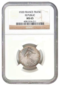 1920 France silver 1 Franc, NGC MS-65 - Picture 1 of 2