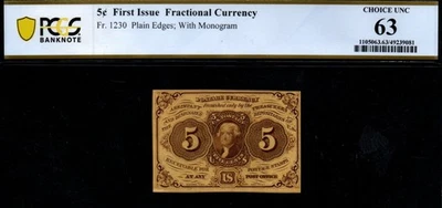 1st ISSUE 1862-63 5c PCGS UNC 63 Fractional POSTAGE Currency! - Image 1 of 2