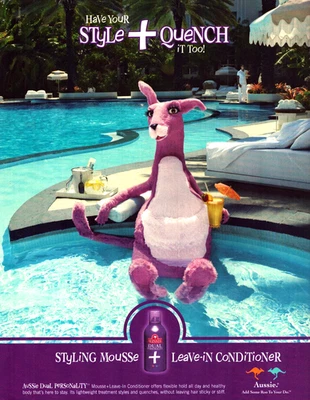 Австралийский мусс и оставить в кондиционер фиолетовый кенгуру бассейн винтажная печатная реклама 2005 - Изображение 1 из 4