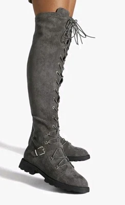 Zapato Deslumbramiento Alto Bota Plana Con Cordones Talla 7.5 Gris Imitación Cuero Acento Hebilla Foto 1 de 4