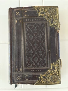 Rare 1855 Antique Holy Bible Oxford Leather Ornate Brass Corner Clasp King James - Picture 1 of 20