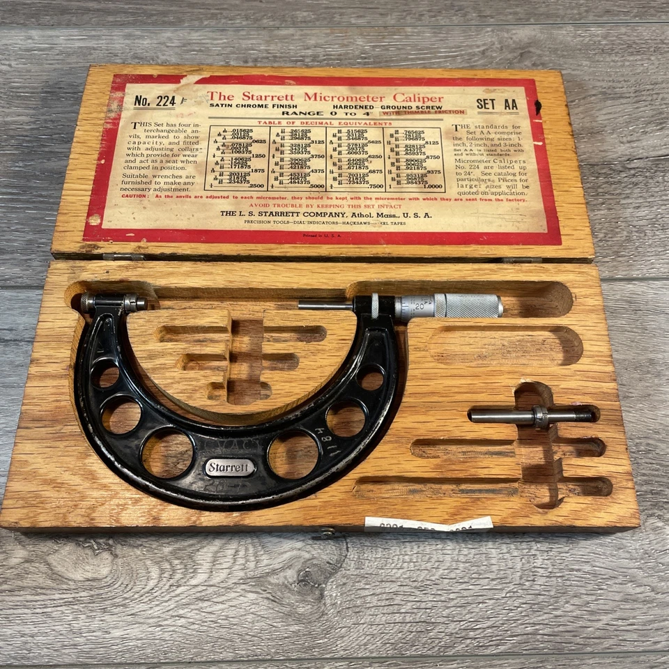 Starrett No. 224 Micrometer Caliper Set AA - 0-4" Range Precision Tool - Partial - Image 1 of 4