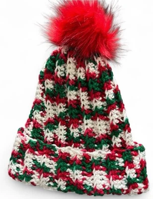 Crochet Ribbed Beanie With Faux Fur Pom Pom - Adult Size! Christmas Print - Image 1 of 3