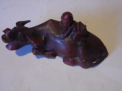 Antique Wooden Carved Water Buffalo.chinaman On Its Back,quality Item,signed • 45£