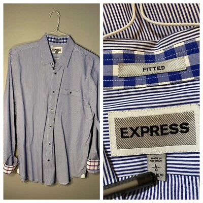 Camisa de vestir ajustada exprés de manga larga azul blanco a rayas para hombre  Foto 1 de 4