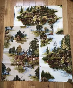 Cotton Upholstery Set Of 3 Large Fabric Remnants Deer In Forest Scene Vintage - Picture 1 of 15