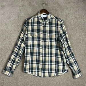Lucky Brand Shirt Mens Medium Tan/Gray Flannel Plaid Classic Fit Button Down - Picture 1 of 6