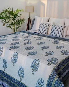 Indian Block Print Quilt Jaipuri Razai Pure Cotton Quilted Bedspread Queen Size - Picture 1 of 3