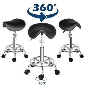 360° Black Rolling Saddle Stool Rotation Bar SPA Massage Studio Chair W/5 Wheels - Picture 1 of 24