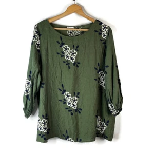 Kindred Womens Blouse Top Size 2X Green Embroidered Floral Peasant 3/4 Sleeve - Picture 1 of 9