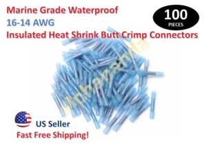 100x MARINE GRADE 16-14 BLUE HEAT SHRINK BUTT CRIMP WIRE CONNECTORS TERMINALS - Picture 1 of 6