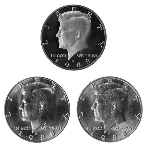 1988 P D S Kennedy Half Dollar 50c Year set Proof & BU US 3 Coin lot Cover