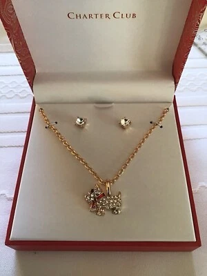Juego de collar y pendientes Charter Club tono dorado cristal y esmalte Scottie perro Foto 1 de 4