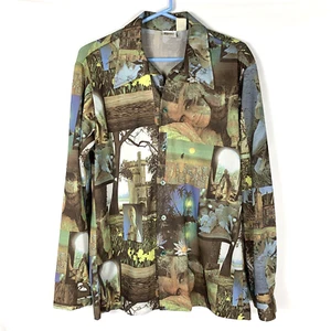 Camicia discoteca Montgomery Ward taglia L scene donna uccellini castelli romanticismo vintage - Foto 1 di 9