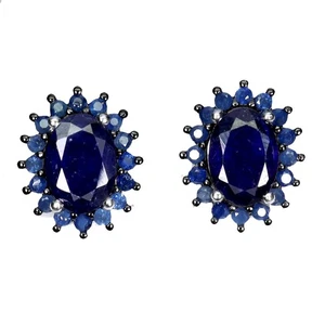 Orecchini In Argento 925 Con Zaffiro Blu Ovali 7x5mm Pietra Preziosa - Foto 1 di 14