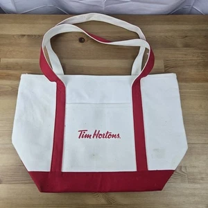 Tim Horton's TOTE BAG Canvas Red & Beige RARE Leeds Brand Bag Rare - Picture 1 of 15