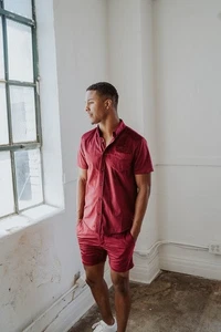 NEW Romperjack Foah Velvet Two Piece Set Shorts Button Down Red Large NWT - Picture 1 of 11