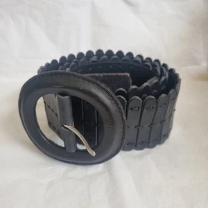 Frame Black Leather On Elastic Rubber Wide Leather Large Buckle Belt M Boho - Picture 1 of 6